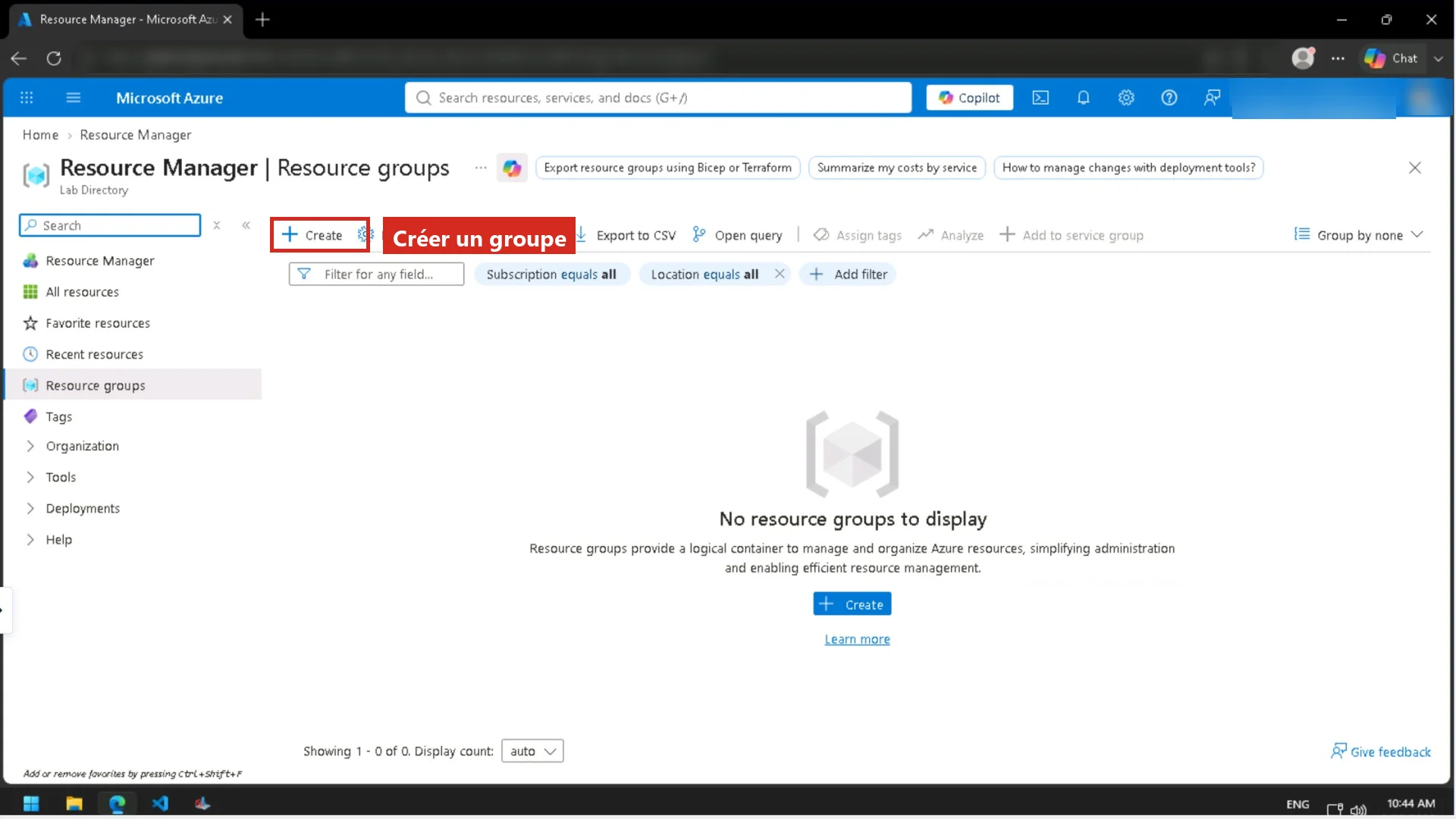 Liste des groupes de ressources et bouton Créer