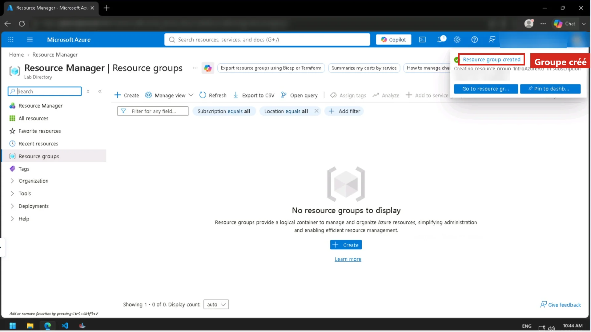 Notification de création du groupe